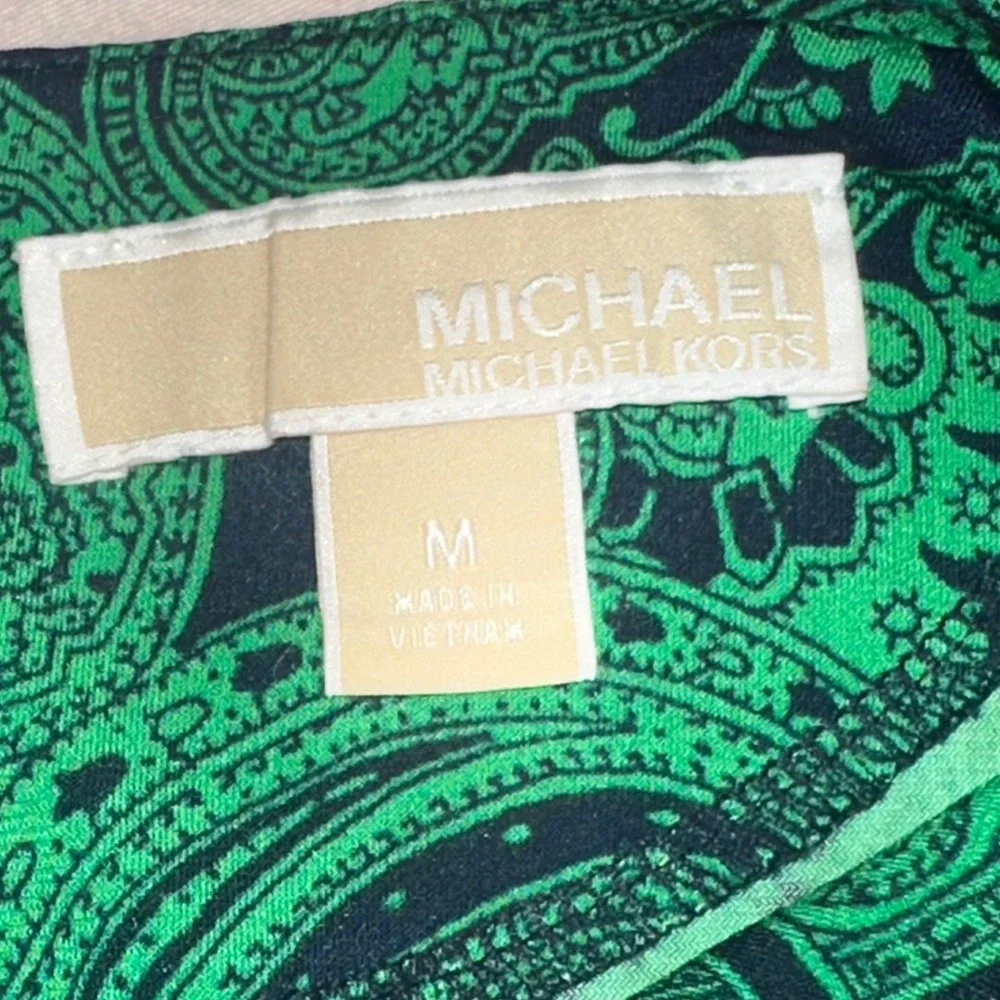 Michael Kors Jersey Shift Dress Green & Paisley Pattern Long Sleeve Sheath Med